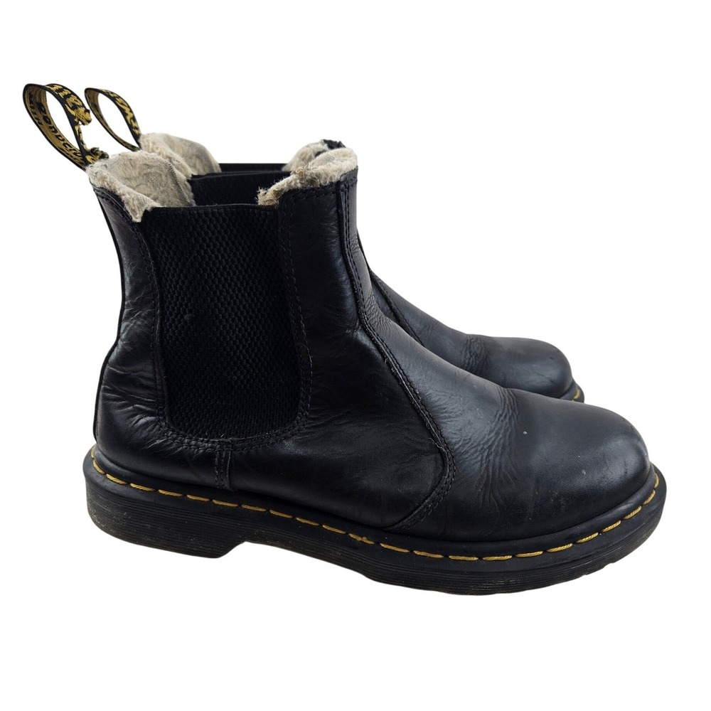 Dr. Martens 2976 Leonore Black Leather Faux Fur Lined Chelsea Boots Womens‎ 9